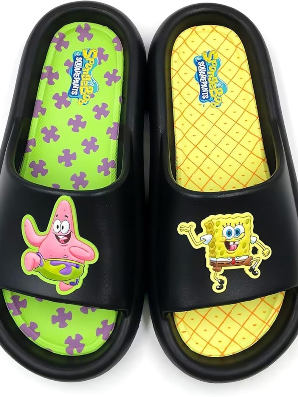 🆕 SpongeBob Squarepants Black Men’s Slide Sandals with Yellow & Green Footbeds